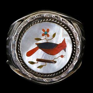 VTG Navajo Sterling HEAVY 53.3g Cardinal MOP Inlay Cuff Bracelet Signed AZ BJ